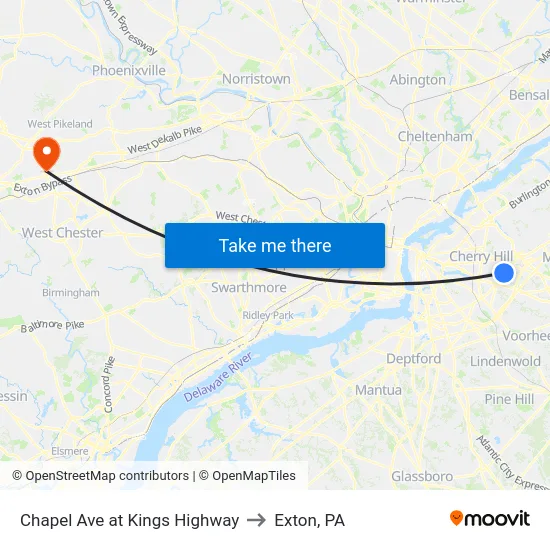 Chapel Ave at Kings Highway to Exton, PA map