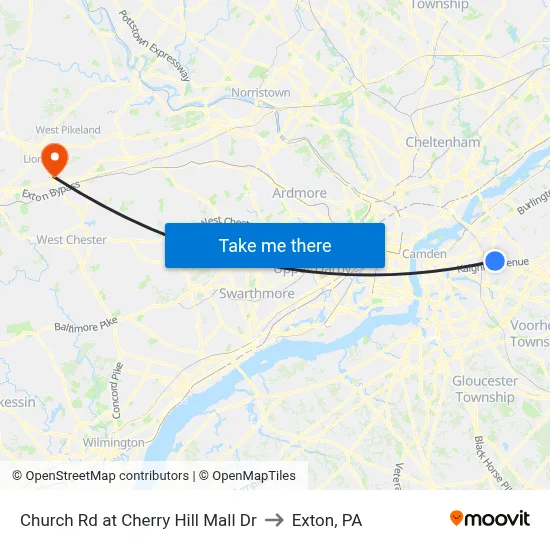 Church Rd at Cherry Hill Mall Dr to Exton, PA map