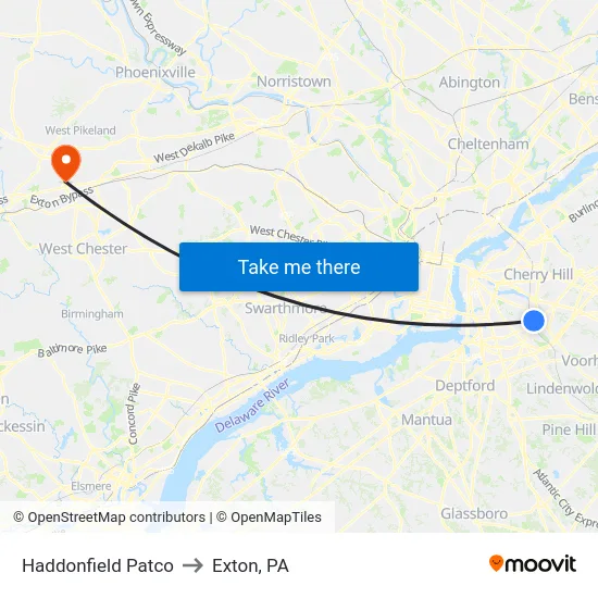 Haddonfield Patco to Exton, PA map