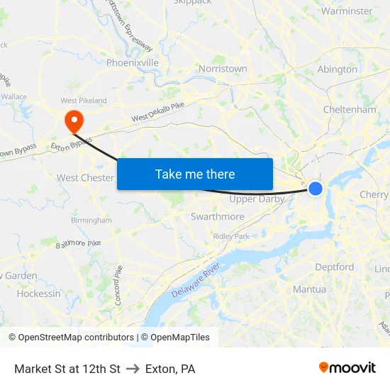 Market St at 12th St to Exton, PA map