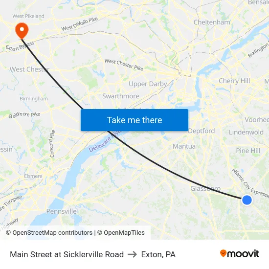 Main Street at Sicklerville Road to Exton, PA map