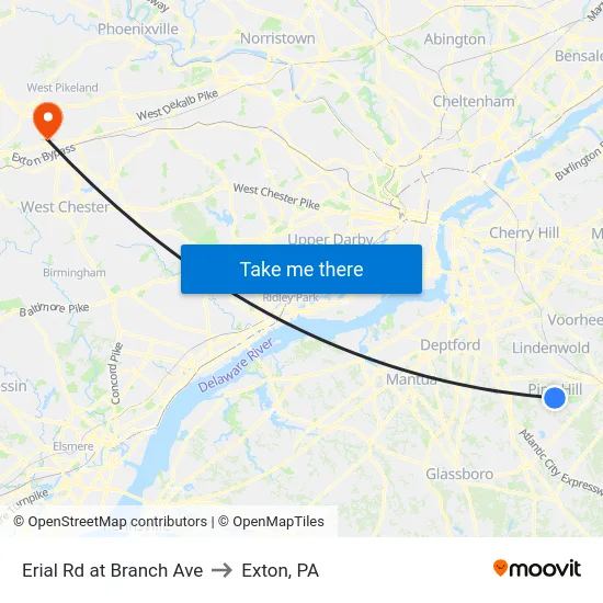 Erial Rd at Branch Ave to Exton, PA map