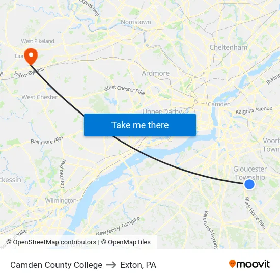 Camden County College to Exton, PA map