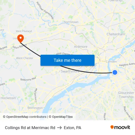 Collings Rd at Merrimac Rd to Exton, PA map