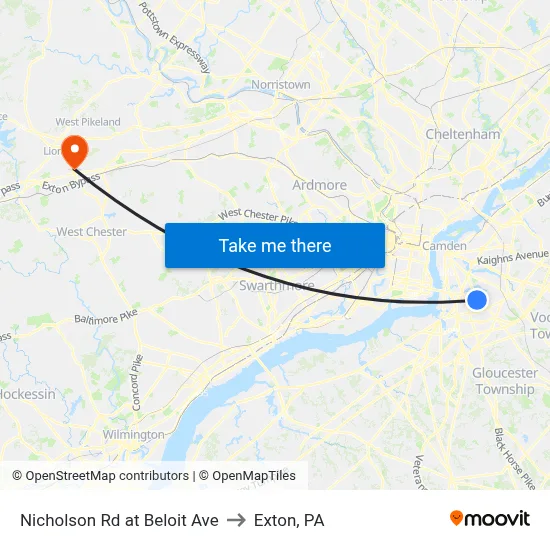Nicholson Rd at Beloit Ave to Exton, PA map