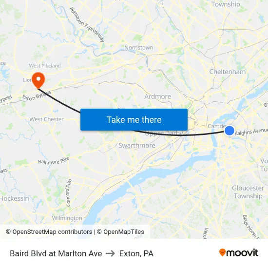 Baird Blvd at Marlton Ave to Exton, PA map