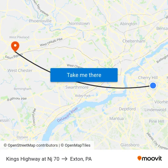 Kings Highway at Nj 70 to Exton, PA map