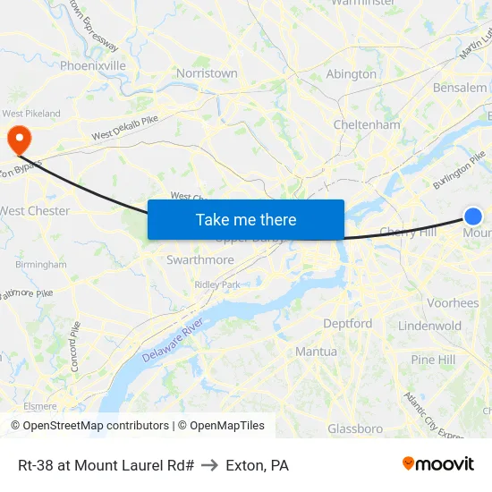 Rt-38 at Mount Laurel Rd# to Exton, PA map