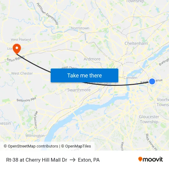Rt-38 at Cherry Hill Mall Dr to Exton, PA map