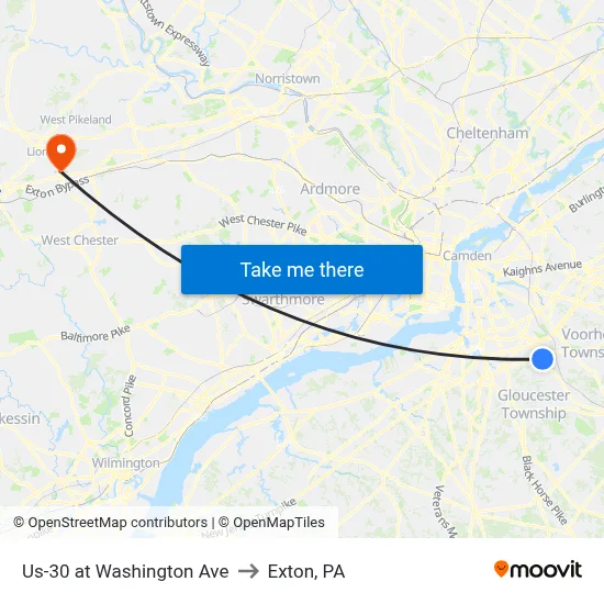 Us-30 at Washington Ave to Exton, PA map