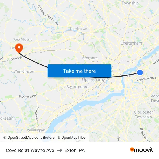 Cove Rd at Wayne Ave to Exton, PA map