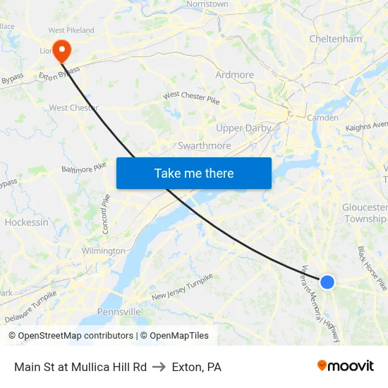 Main St at Mullica Hill Rd to Exton, PA map