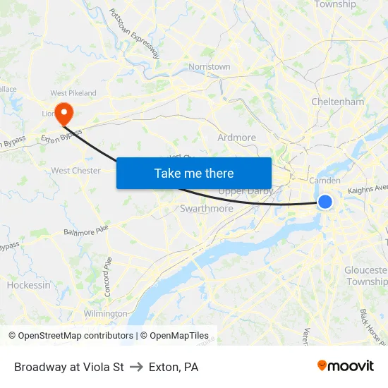 Broadway at Viola St to Exton, PA map