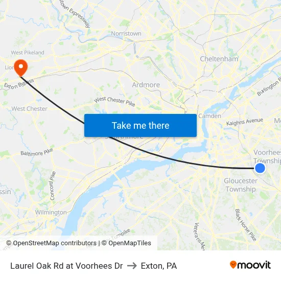 Laurel Oak Rd at Voorhees Dr to Exton, PA map