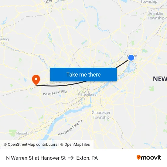 N Warren St at Hanover St to Exton, PA map