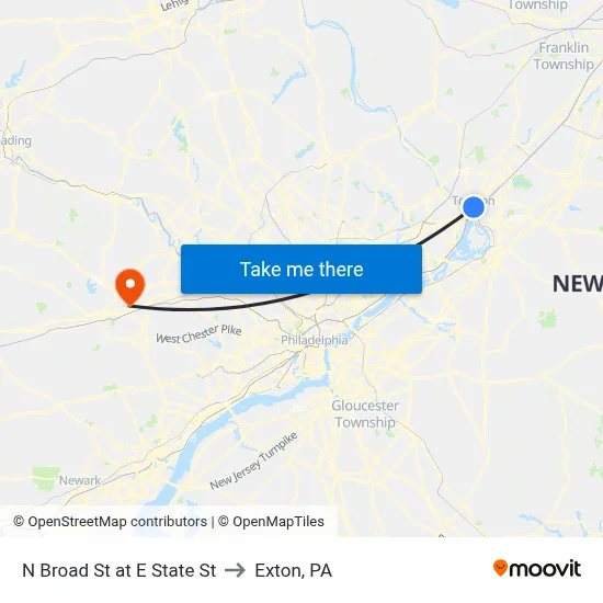 N Broad St at E State St to Exton, PA map