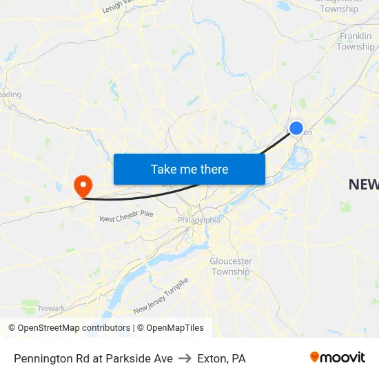 Pennington Rd at Parkside Ave to Exton, PA map