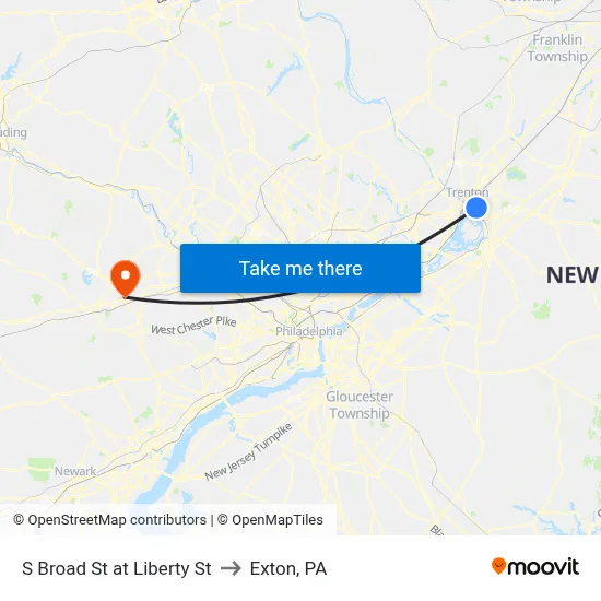 S Broad St at Liberty St to Exton, PA map