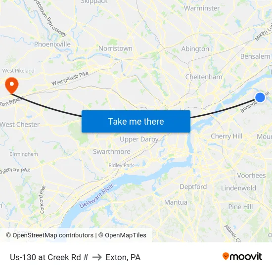 Us-130 at Creek Rd # to Exton, PA map