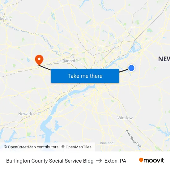 Burlington County Social Service Bldg to Exton, PA map