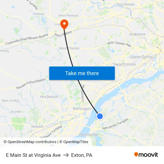 E Main St at Virginia Ave to Exton, PA map