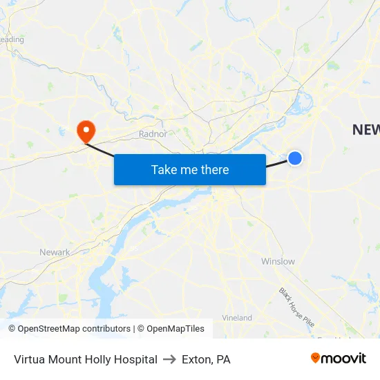 Virtua Mount Holly Hospital to Exton, PA map