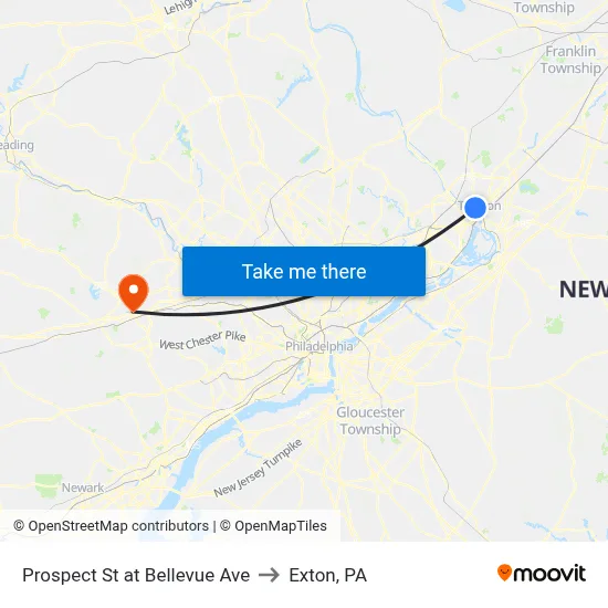 Prospect St at Bellevue Ave to Exton, PA map