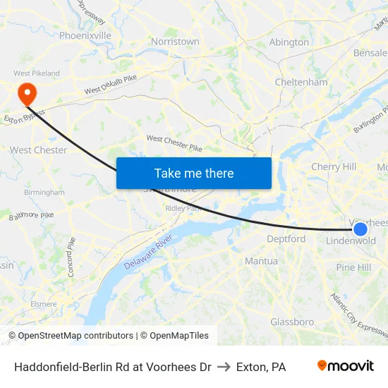Haddonfield-Berlin Rd at Voorhees Dr to Exton, PA map