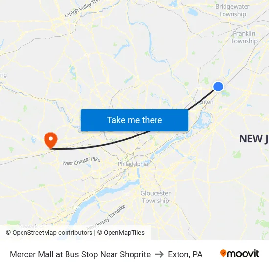 Mercer Mall at Bus Stop Near Shoprite to Exton, PA map