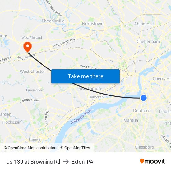 Us-130 at Browning Rd to Exton, PA map