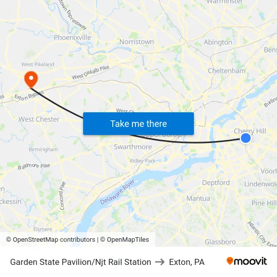 Garden State Pavilion/Njt Rail Station to Exton, PA map