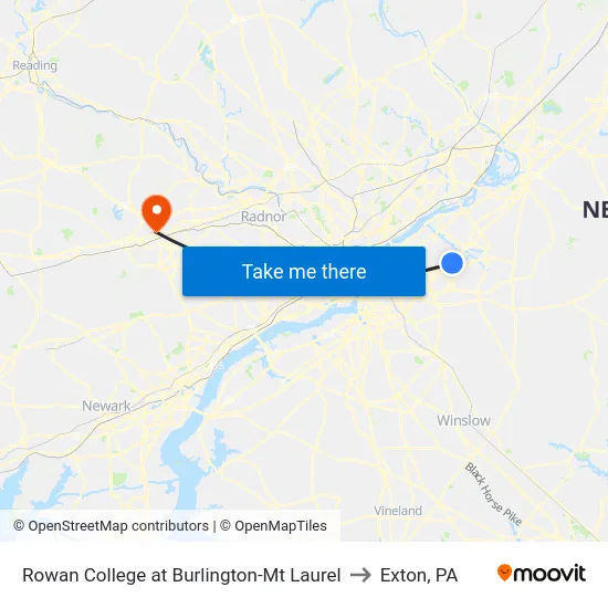 Rowan College at Burlington-Mt Laurel to Exton, PA map