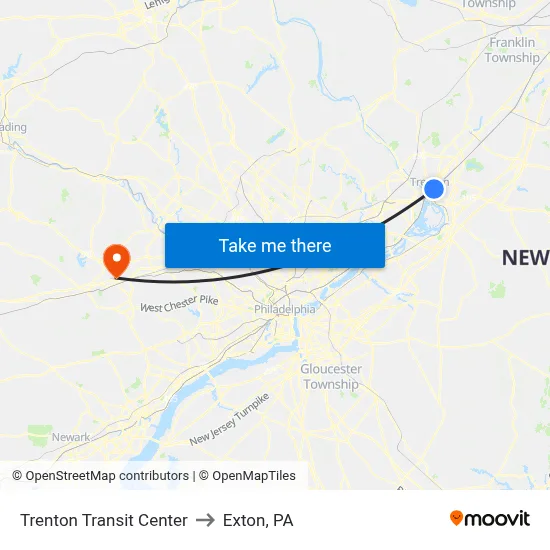 Trenton Transit Center to Exton, PA map