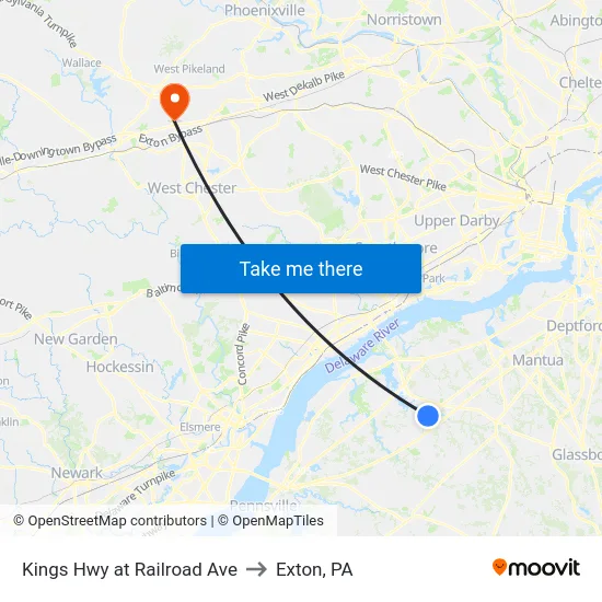 Kings Hwy at Railroad Ave to Exton, PA map