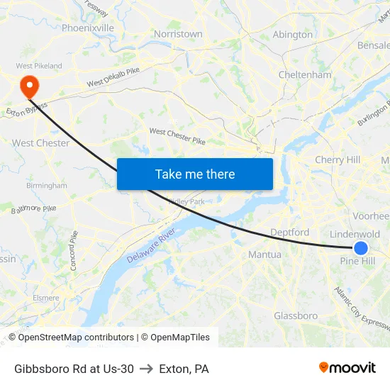 Gibbsboro Rd at Us-30 to Exton, PA map