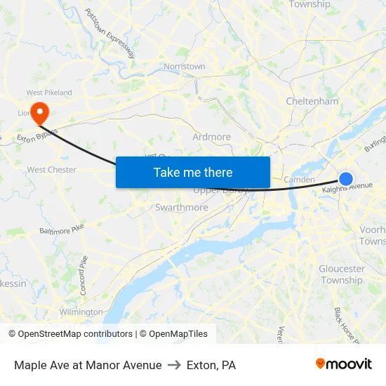 Maple Ave at Manor Avenue to Exton, PA map