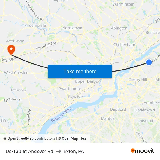 Us-130 at Andover Rd to Exton, PA map