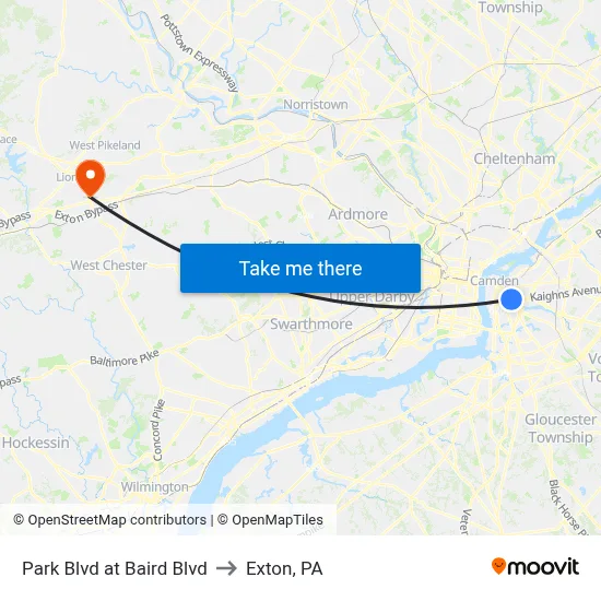 Park Blvd at Baird Blvd to Exton, PA map