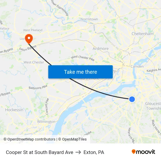 Cooper St at South Bayard Ave to Exton, PA map