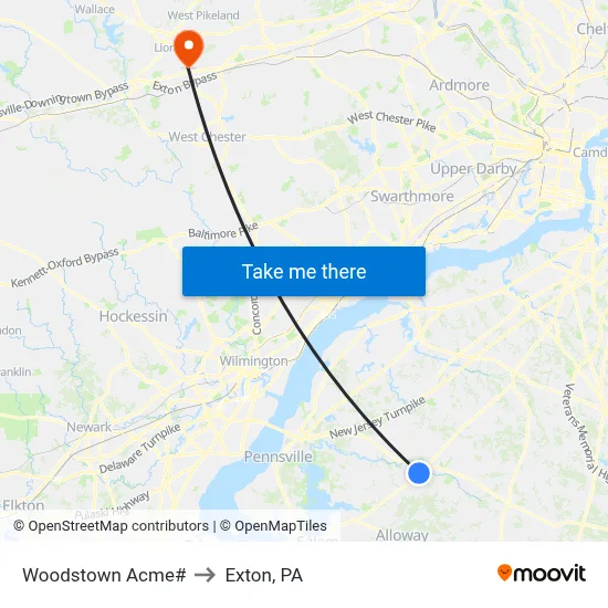 Woodstown Acme# to Exton, PA map