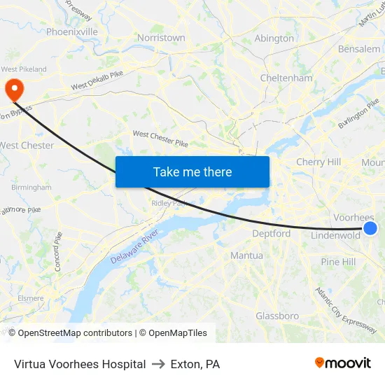 Virtua Voorhees Hospital to Exton, PA map