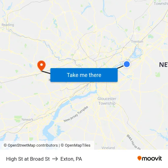 High St at Broad St to Exton, PA map