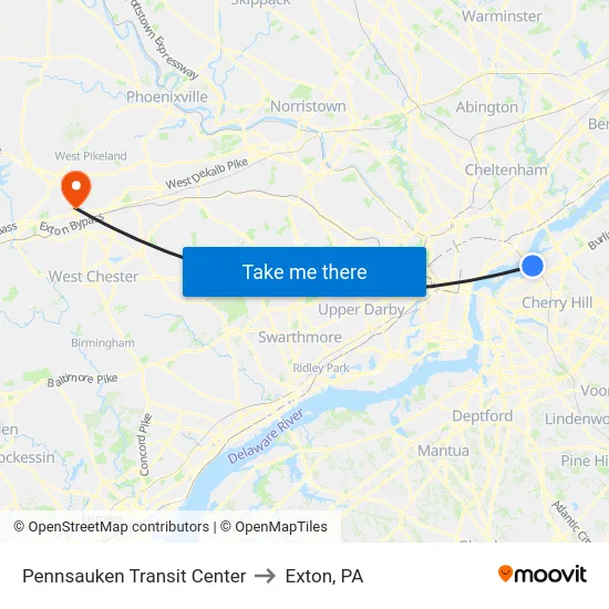 Pennsauken Transit Center to Exton, PA map