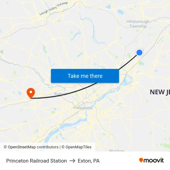 Princeton Railroad Station to Exton, PA map