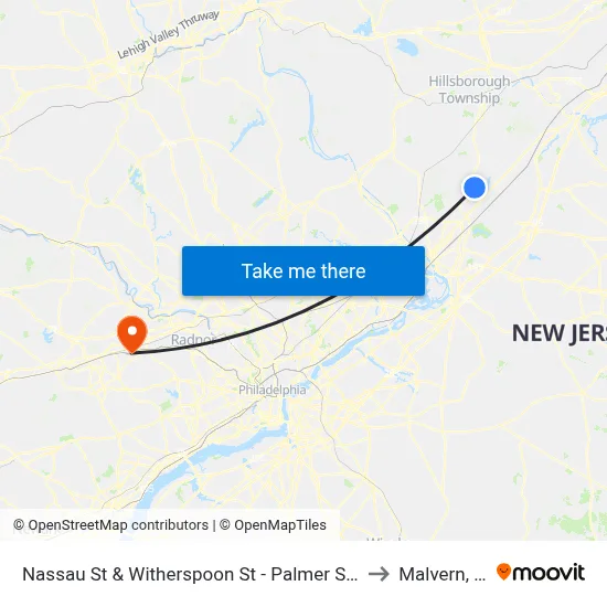 Nassau St & Witherspoon St - Palmer Square to Malvern, PA map