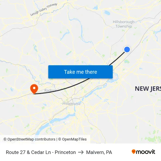 Route 27 & Cedar Ln - Princeton to Malvern, PA map