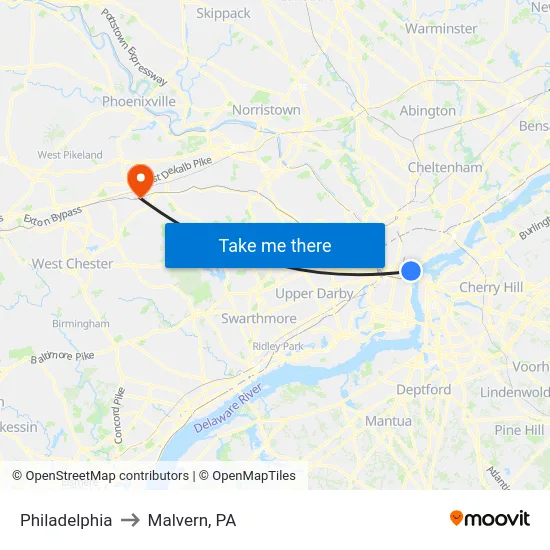 Philadelphia to Malvern, PA map