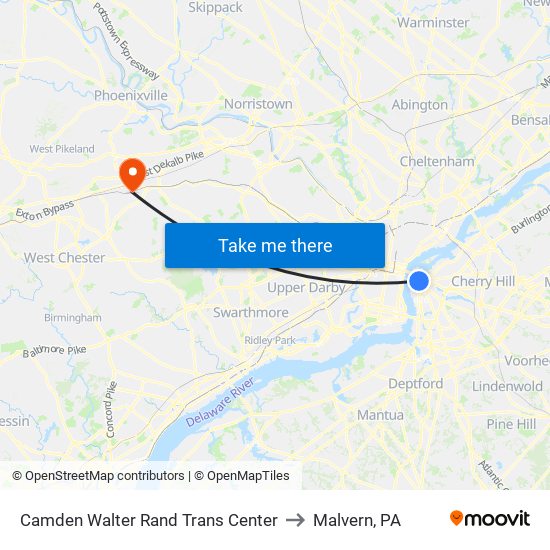 Camden Walter Rand Trans Center to Malvern, PA map