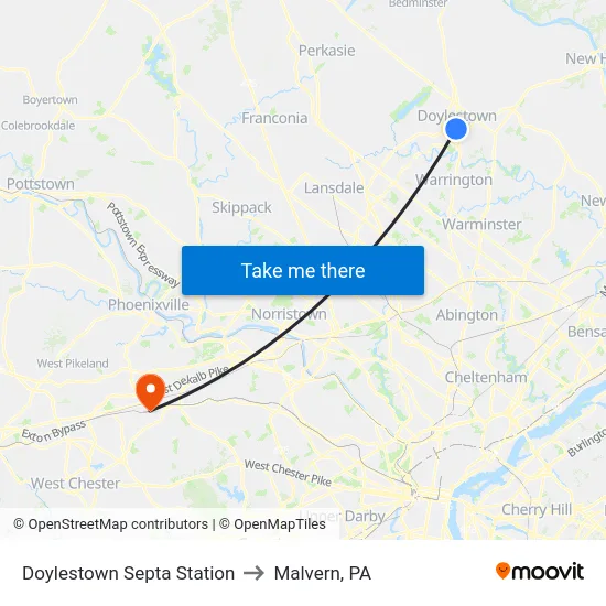 Doylestown Septa Station to Malvern, PA map