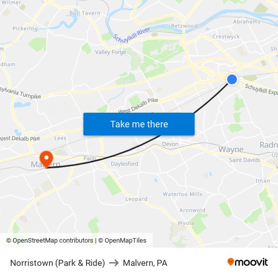 Norristown (Park & Ride) to Malvern, PA map